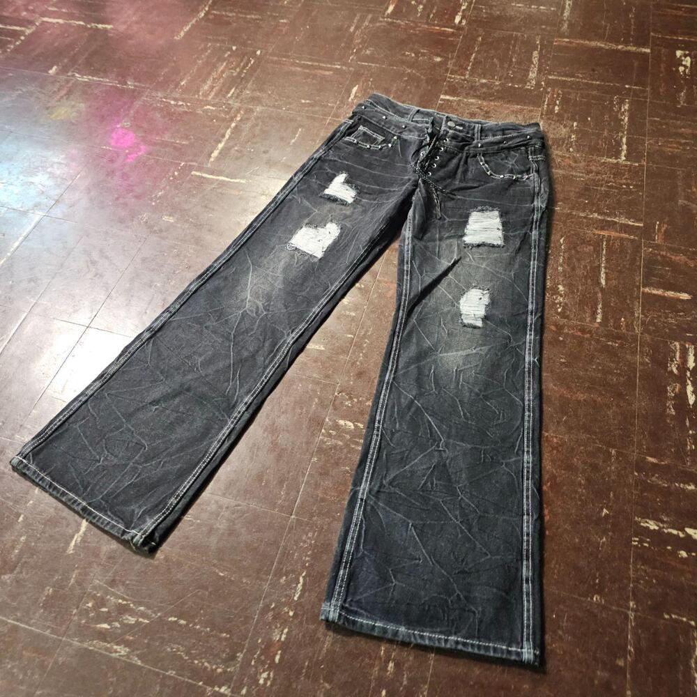 Straight Leg Jeans Studded Tie Crotch Double Flap Black (M) ✨